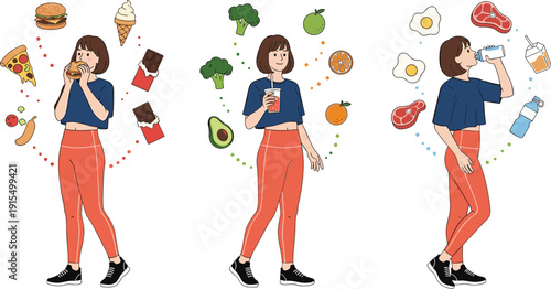 Woman choosing healthy and unhealthy food and drinks lifestyle nutrition concept vector illustration