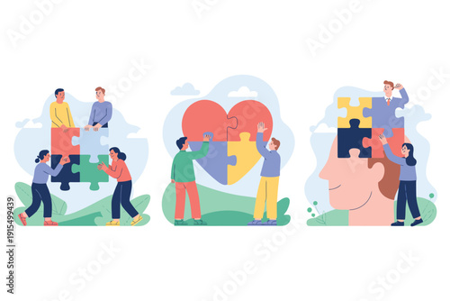 Diverse group collaborates to build connections and solve problems, symbolizing teamwork and unity.