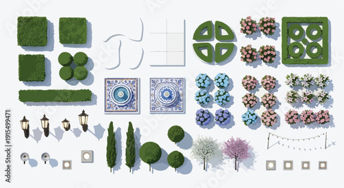Top-down vector illustration of diverse garden elements including green topiary shrubs, flowering bushes, cypress trees, ornate fountains, string lights, and wall lanterns