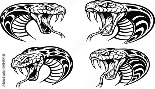Four Stylized Black and White Snake Heads with Open Mouths 1