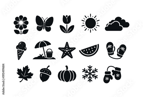 Seasons and nature solid icon set. Weather, holiday, floral icons in solid design