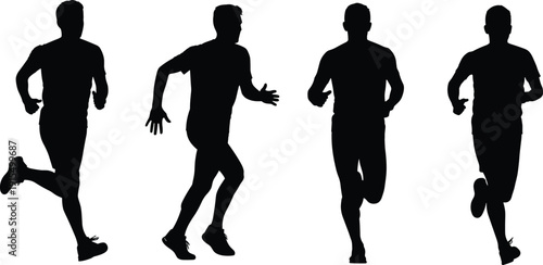 Running Men Silhouettes Set Featuring Male Joggers Sprinting Athletes and Fitness Training Vector Illustration Collection