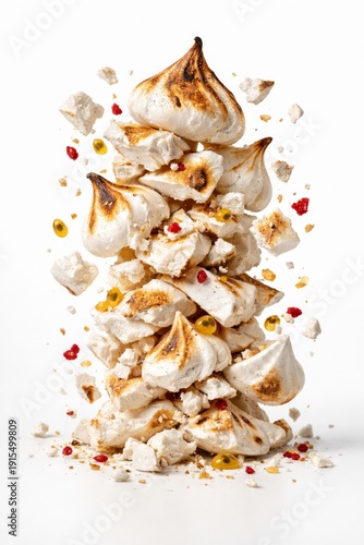 Artfully stacked meringue tower with crispy crumbs, raspberries, and nuts on white