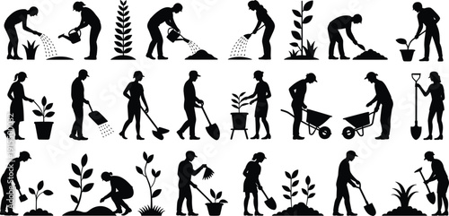 Gardening silhouette flat vector illustration showing people watering plants, planting seeds, digging soil, raking ground, wheelbarrow, tending potted plants