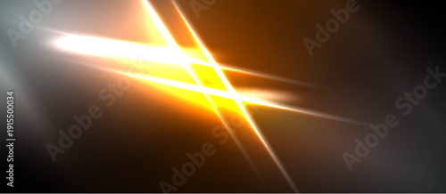 Bright light streaks intersect dark background. Golden hues dominate, creating dynamic visual effect. Energy radiates from central point.