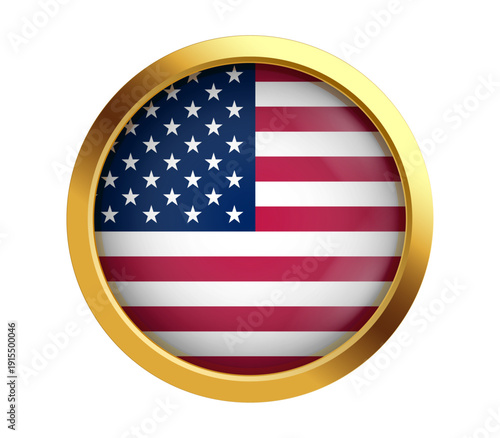 A gold pin with the US flag. A realistic button with the national symbol of the United States. Symbolic of American holidays: Independence Day, July 4th, and elections.