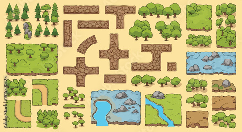 Vector pixel art game tileset featuring green grass, brown dirt paths, various trees, and blue water rivers, isolated on a light beige background for map creation.