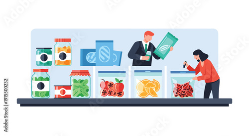 Quality control specialists inspecting and packaging various food products, including fresh produce and preserved goods, for retail distribution.