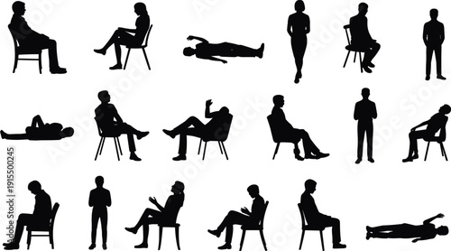 Human posture silhouettes flat vector illustration showing diverse people sitting, standing, lying down, walking, gesturing, relaxing, stretching, leaning