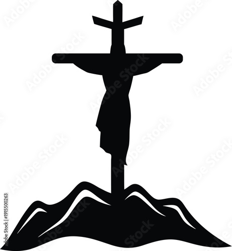 Jesus Christ Crucified on Cross at Mountain Top Silhouette white background