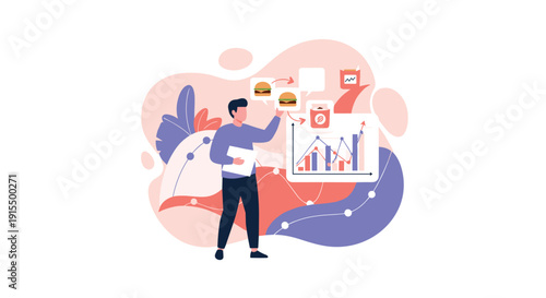 Man analyzing food industry data, pointing at a bar chart showing sales trends and consumption patterns for fast food products.