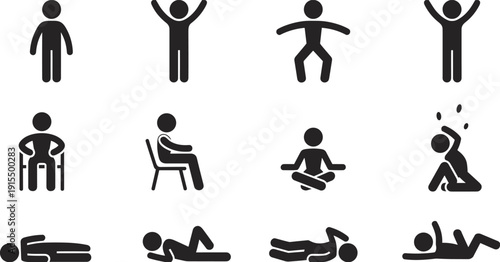 Human posture silhouettes flat vector illustration showing people standing, sitting, lying down, meditating, stretching, relaxing, exercising, diverse positions