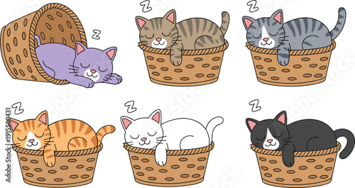 Cartoon-style sleeping cats in wicker baskets, symbolizing relaxation, cuteness, pets, coziness, and peaceful lifestyle