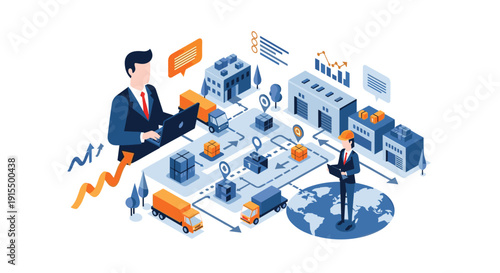 Isometric illustration of a complex supply chain management system with managers using technology to track logistics from warehouse to delivery.