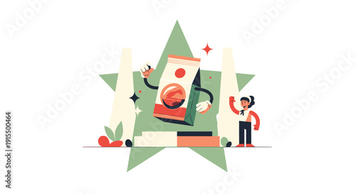 Whimsical illustration featuring a cheerful, anthropomorphic food package character celebrating in the spotlight against a large green star.
