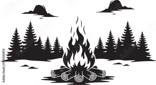 Campfire illustration with trees and mountains in the background isolated on transparent background
