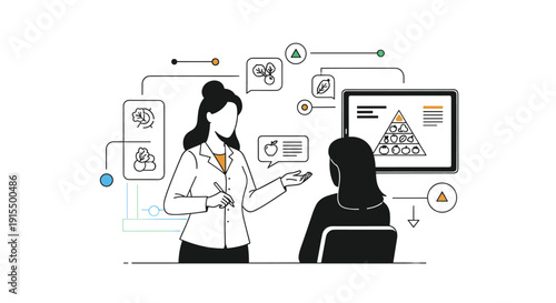 Nutritionist providing consultation to a patient, using a tablet to explain the food pyramid and principles of a healthy balanced diet.