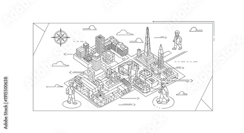A detailed isometric line art illustration shows a complex city map with various buildings and landmarks, as people navigate through its streets and districts.