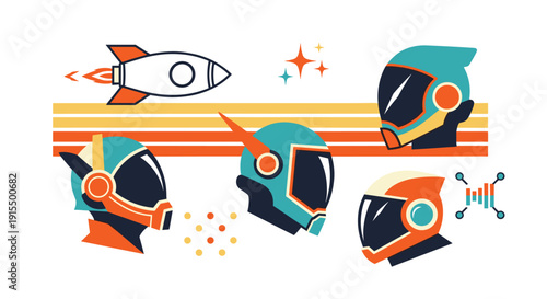 A collection of retro-futuristic illustrations features various stylized space helmets, a launching rocket, and other cosmic elements in a vintage color palette.