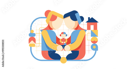 A modern flat design illustration celebrates family diversity with a loving same-sex female couple embracing their child, surrounded by symbols of home and stability.
