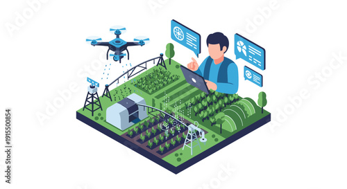 Isometric smart farming concept with a farmer using a laptop to manage an autonomous drone and automated irrigation for crop management.