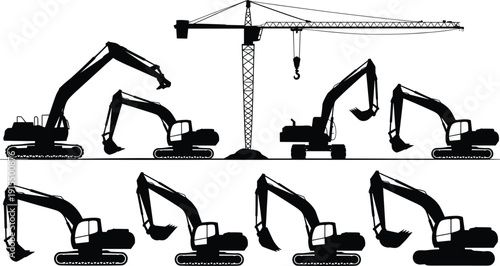 Construction machinery silhouette set with excavators and tower crane, heavy equipment collection for building site, industrial engineering concept isolated on white background.