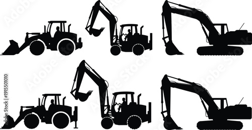 Construction machinery silhouettes set featuring excavator, backhoe loader and wheel loader heavy equipment icons for digging, earthmoving and industrial building work.