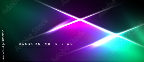 Abstract vibrant background. Diagonal lines create dynamic light effects. Dark edges frame bright colors, purple, green hues dominate.