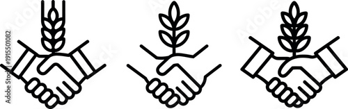 Agriculture collaboration and partnership icons showing shaking hands with wheat and plant elements