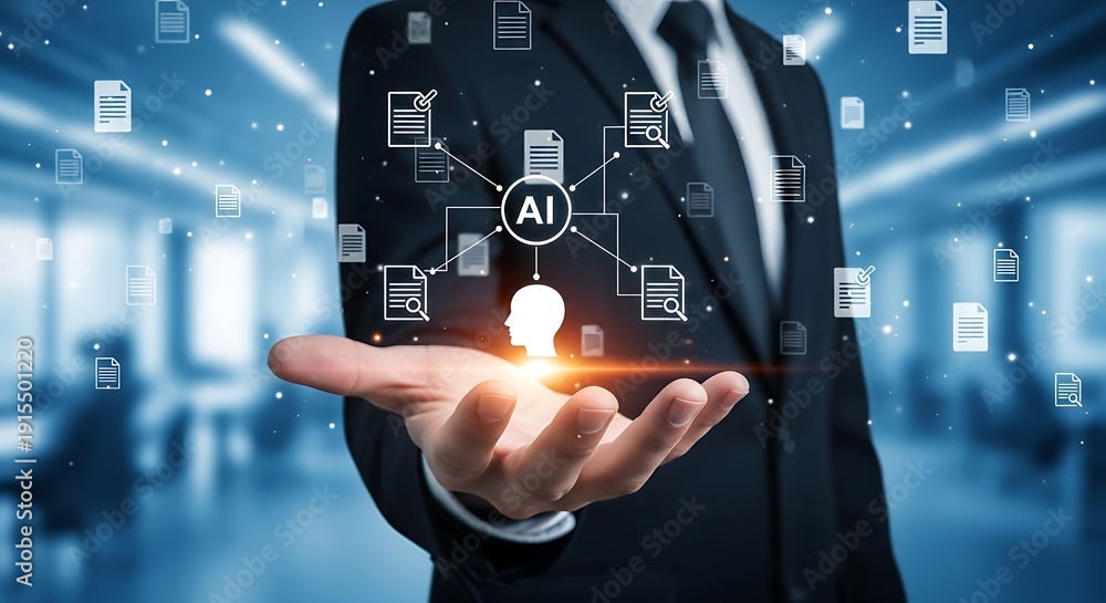 Obraz premium Artificial intelligence in business a businessman holding a concept of AI in his hand