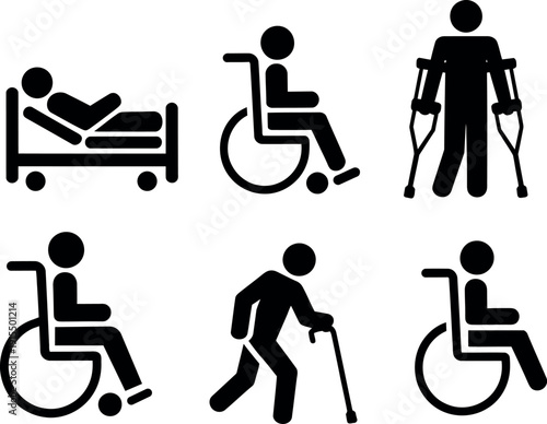 Collection of pictograms representing people with disabilities and medical needs for healthcare and accessibility signage