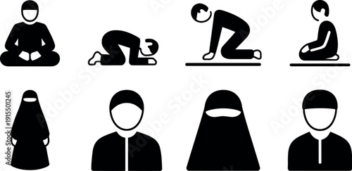 Collection of Islamic prayer poses and traditional attire icons representing peoples faith