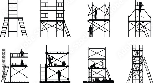Construction scaffolding silhouette set with ladders and workers, building maintenance and renovation platform structures, industrial safety work at height icons isolated on white.