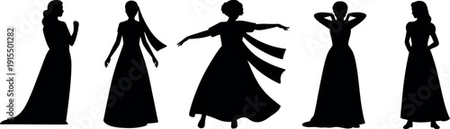 Diverse collection of elegant female silhouettes in formal gowns showcasing varied poses and hairstyles