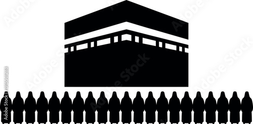 Islamic pilgrimage icon depicting the Kaaba building with a line of praying people below