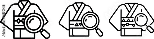 Three icon variations depicting a traditional kimono with a magnifying glass symbol symbolizing inspection or analysis