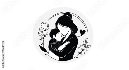 A tender black and white silhouette shows a mother lovingly embracing her child, framed in a circle with delicate floral elements for Mother's Day.