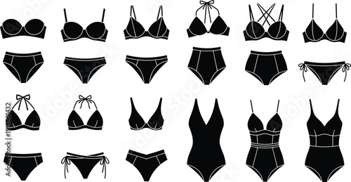 Women Swimwear Silhouette Collection Featuring Bikini Sets One Piece Swimsuits and Beach Fashion Vector Illustration Bundle