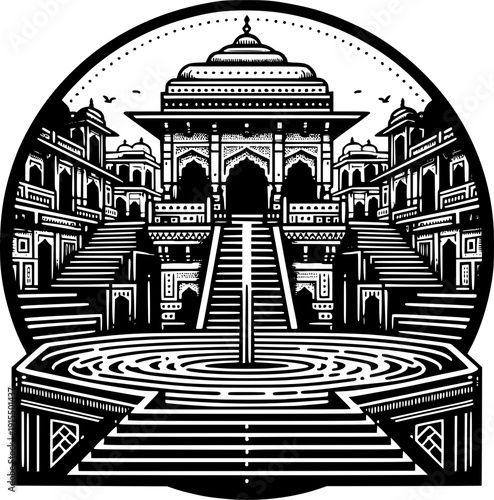 Architectural Monument in Symmetry: A stunning monochrome illustration of an ancient architectural marvel, showcasing intricate symmetrical patterns and a sense of historical grandeur.
