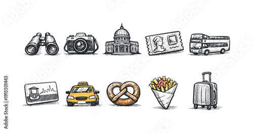 Tourism and travel chalk icon set. Attractions, transport symbols in chalk style.