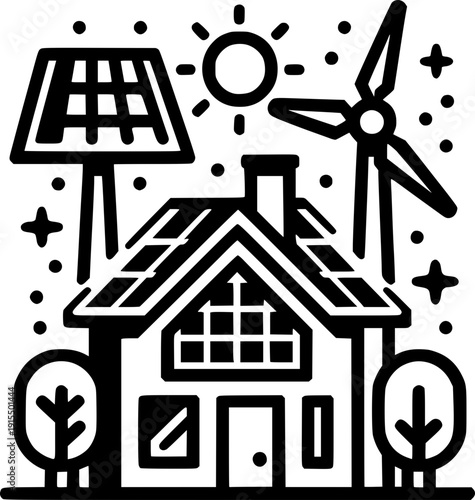 Eco-Friendly Home Concept: An eco-friendly home is powered by renewable energy, including solar panels and wind turbines, showcasing a commitment to sustainability and environmental consciousness.