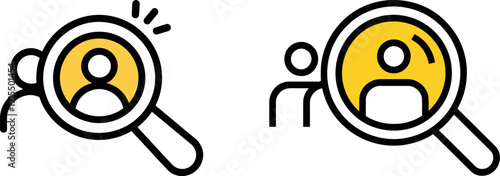 Two graphic icons depicting a magnifying glass examining a stylized human profile silhouette representing search and recruitment