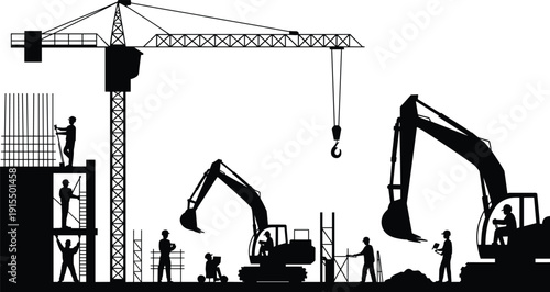 Construction site silhouette with tower crane, excavators and workers building structure, scaffolding and lifting hook, industrial heavy equipment working on development project background.