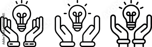 Three simplified line art icons showing open hands holding a glowing light bulb symbolizing innovation and idea generation