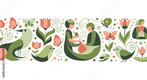 A beautiful seamless border pattern in a folk art style features stylized people, birds, tulips, and butterflies, creating a charming and decorative nature design.
