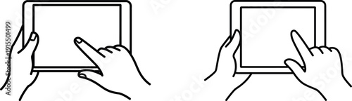Two simplified line art illustrations showing hands holding and interacting with digital tablet devices for user interface demonstrations