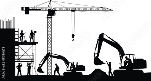 Construction site silhouette with tower crane, excavators and workers on scaffolding, heavy machinery digging earth, industrial building work scene isolated on white background.
