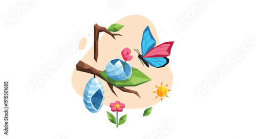 A geometric, low-poly illustration beautifully depicts the life cycle and metamorphosis of a butterfly, from a hanging chrysalis to an emerged, flying insect.
