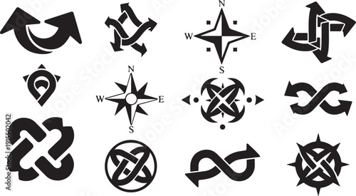 Collection of various navigation compass symbols and arrows icons