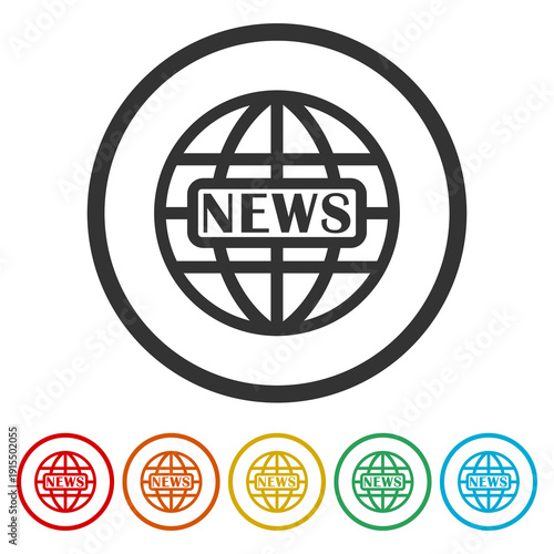 World news globe icon. Set icons in color circle buttons